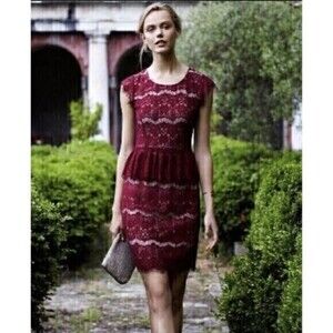 Maeve Anthropologie Maroon Burgundy Lace Peplum Sheath Dress Small Lovely!